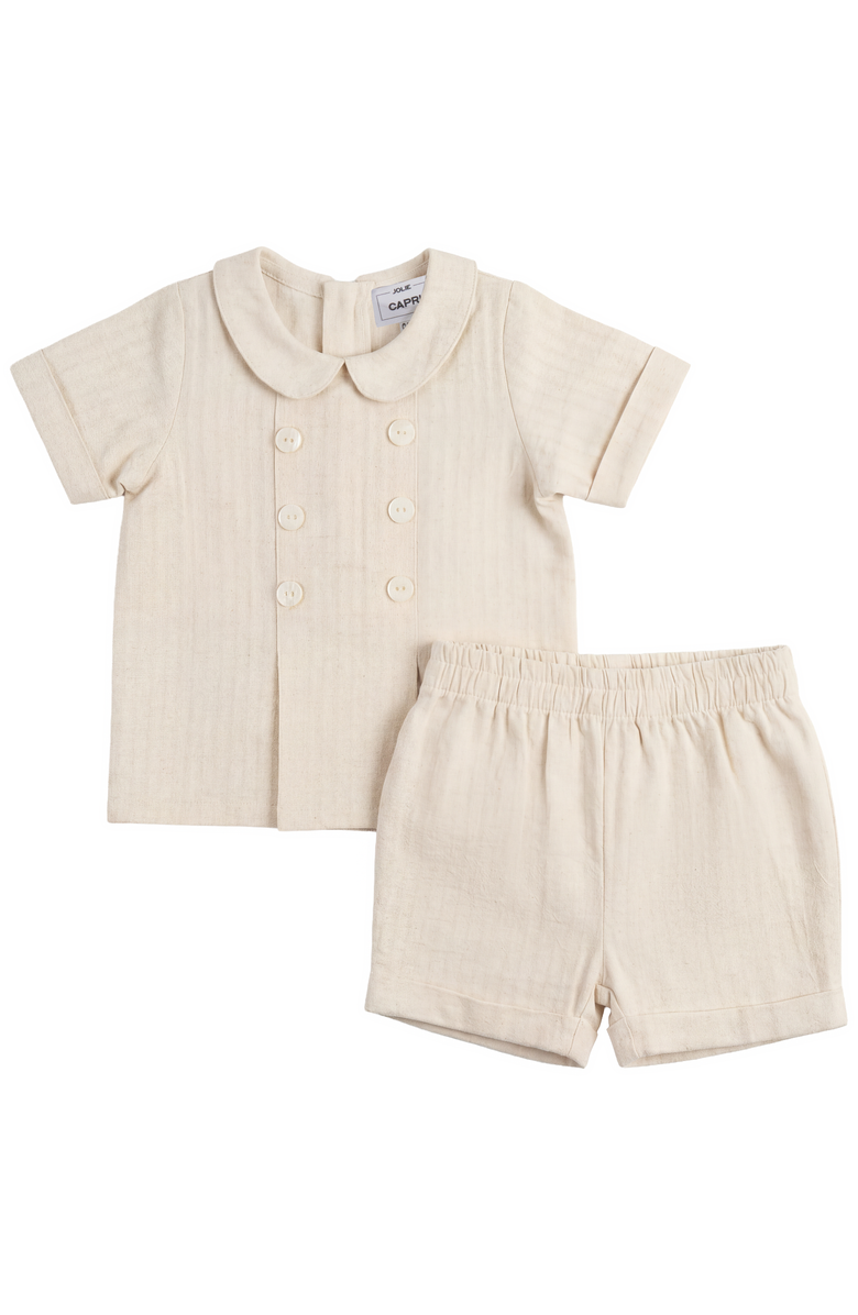 Jolie Capri Boy Double Breasted Linen Short Sleeve Top & Elastic Waist Shorts Set, Main, color, Linen