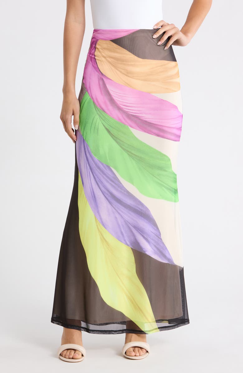 AFRM Tegan Feather Print Maxi Skirt, Main, color, Summer Feathers