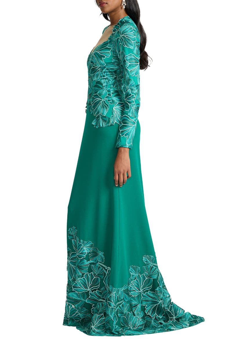 Tadashi Shoji Embroidered Detail Long Sleeve Gown, Alternate, color, Emerald
