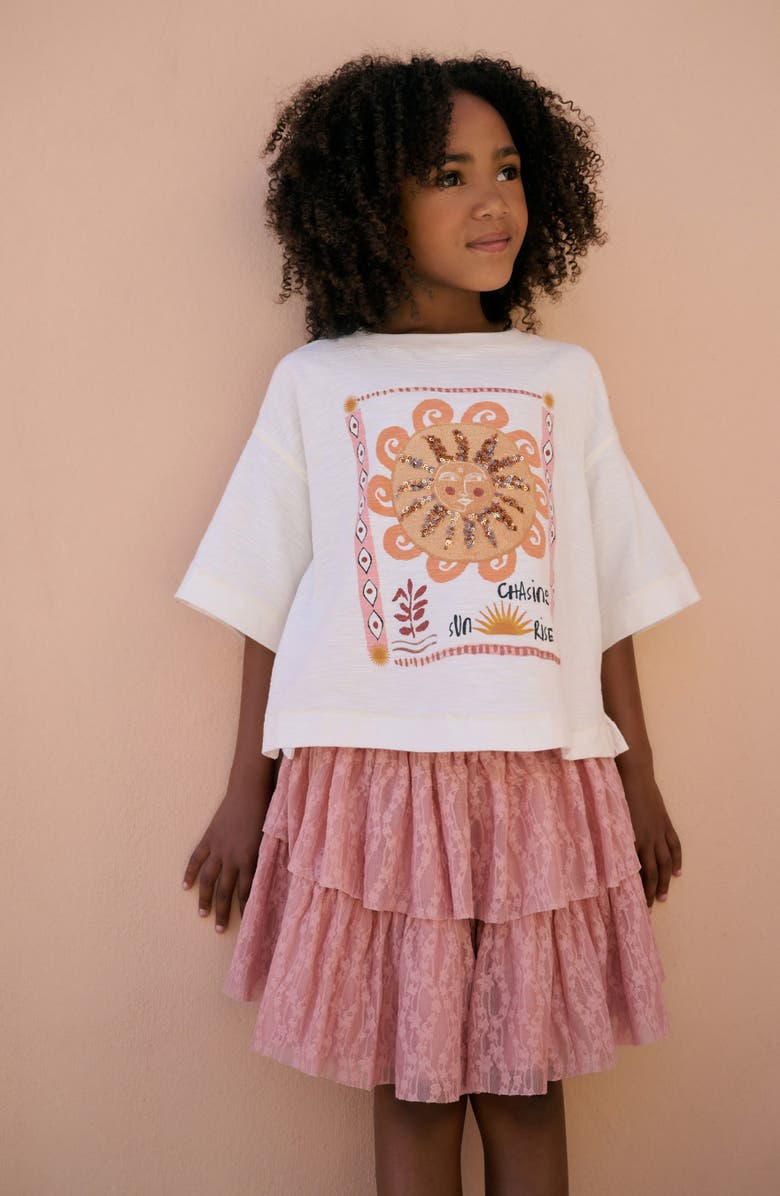 NEXT Kids' Boxy Graphic T-Shirt & Tiered Lace Skirt Set, Alternate, color, Orange