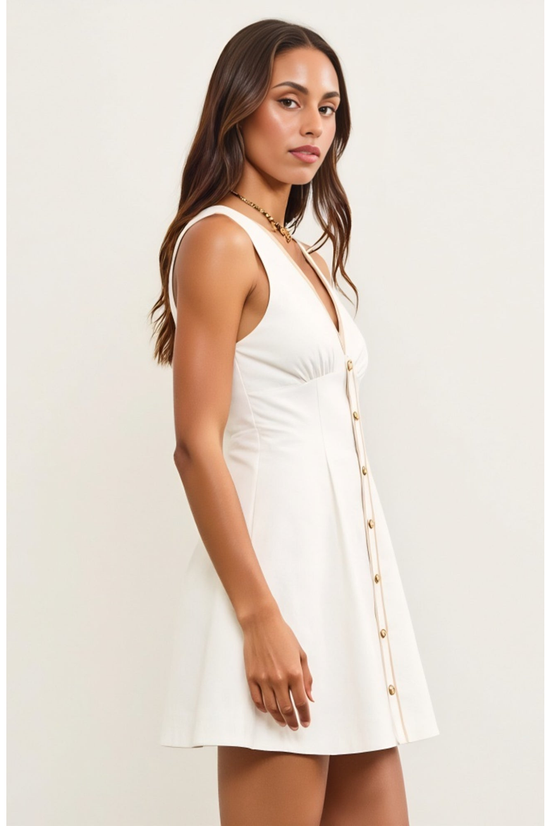 V-Neck Sleeveless Button Front Mini Dress with Contrast Trim, Alternate, color, White