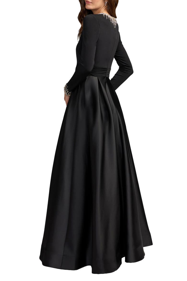 Embellished Long-Sleeve Satin Ball Gown, Alternate, color, Black