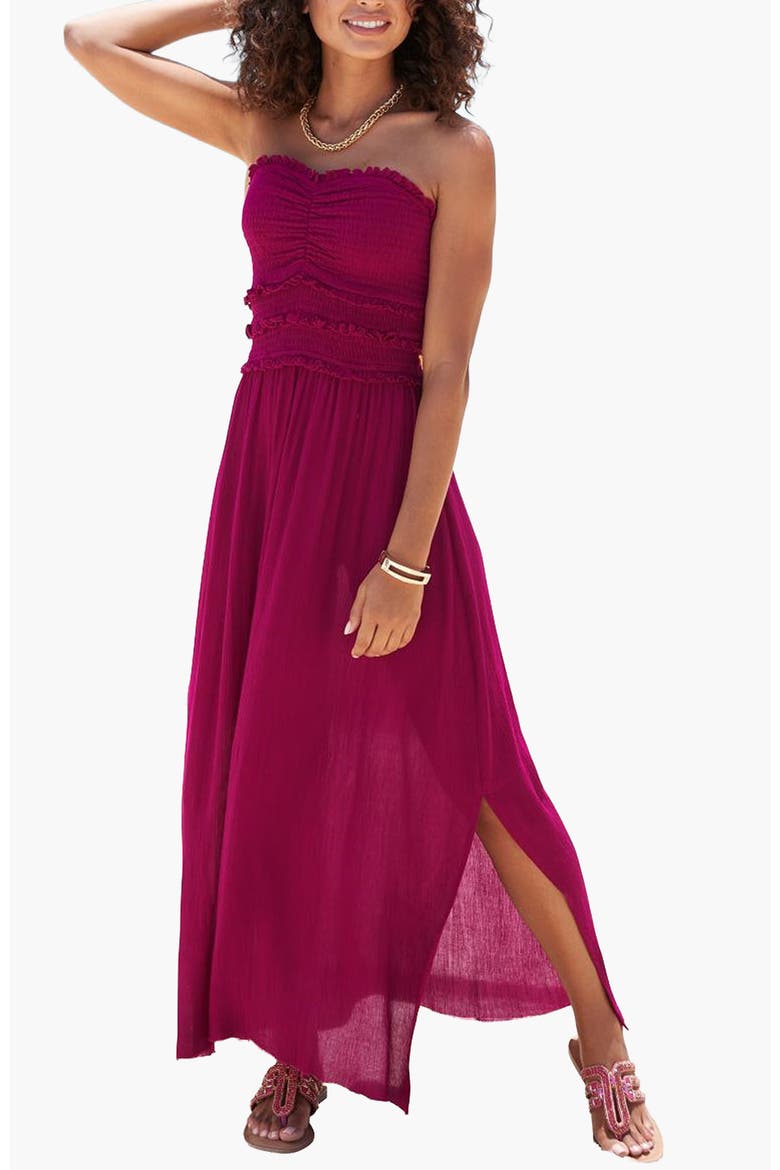 Strapless Ruffle Detail Maxi Dress, Main, color, Wine