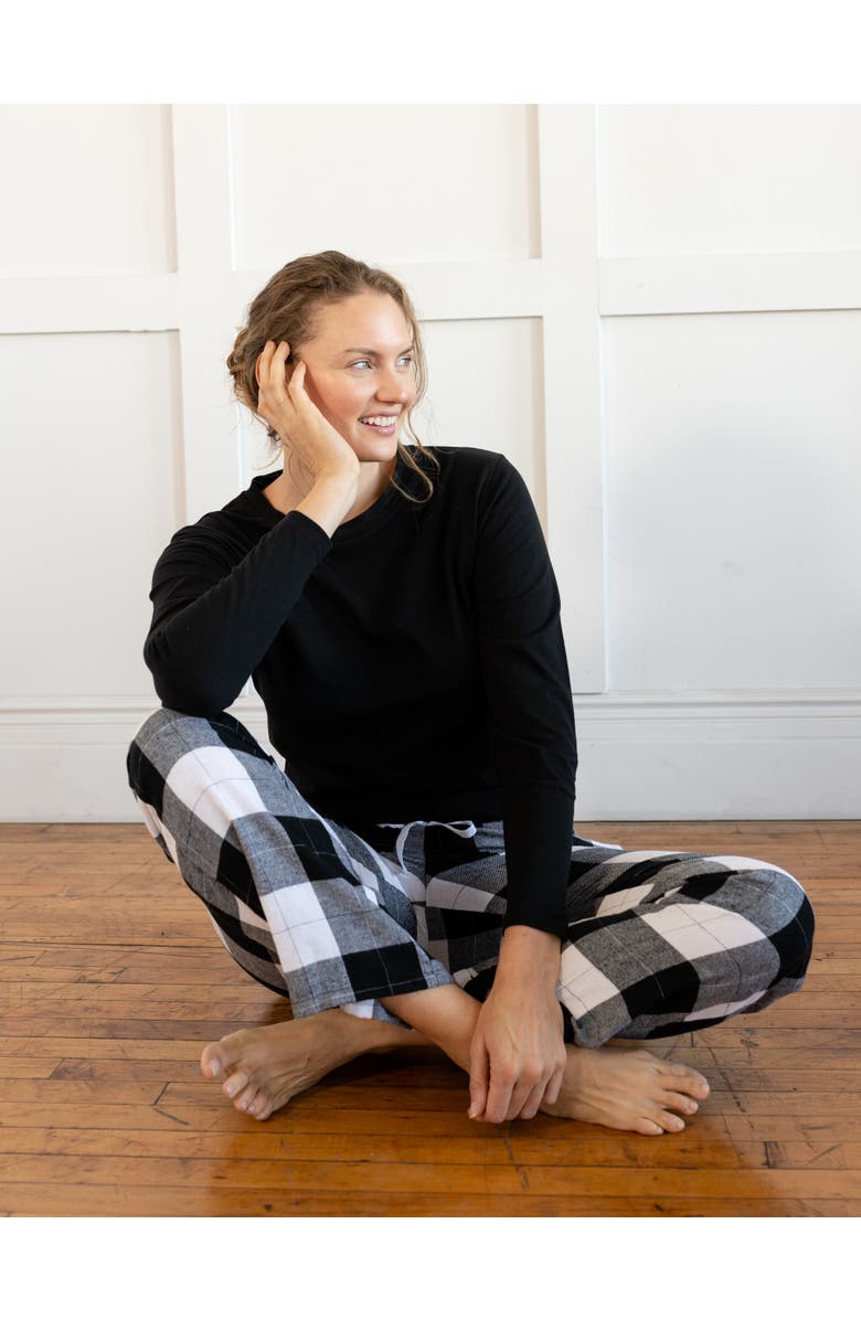 Leveret Women's Cotton Top & Flannel Pants Printed Holiday Pajama Set, Alternate, color, Plaid Black & White
