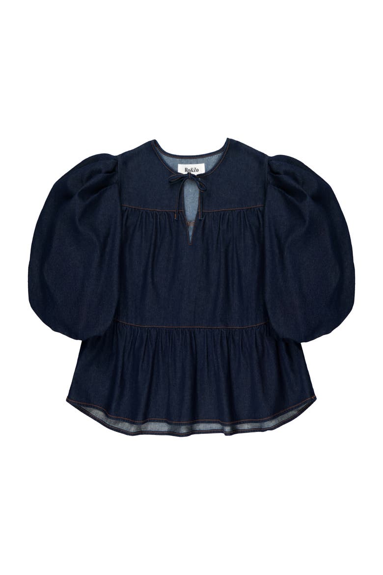 Denim Puff Sleeve Tie Neck Top, Alternate, color, Blue