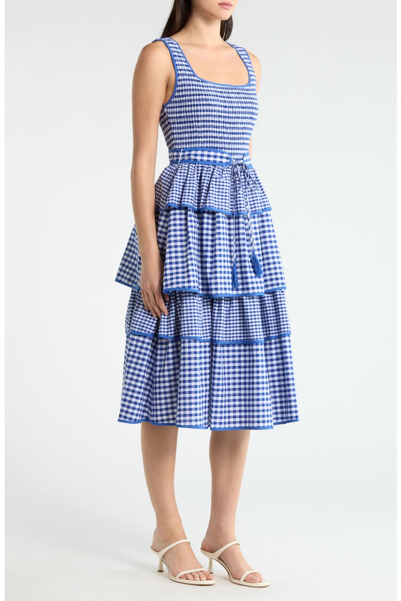 Vanna Gingham Tiered Midi Dress, Alternate, color, BLUE WHITE