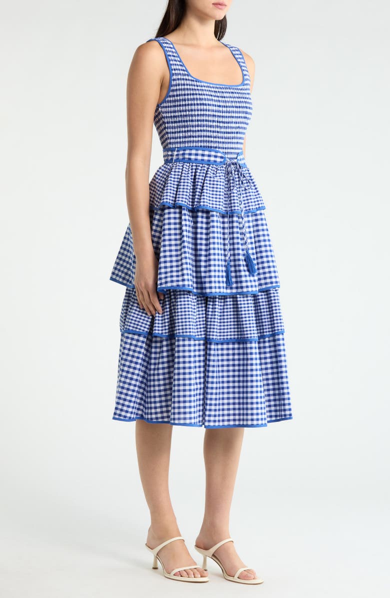 SUGARLIPS Vanna Gingham Tiered Midi Dress, Alternate, color, Blue White