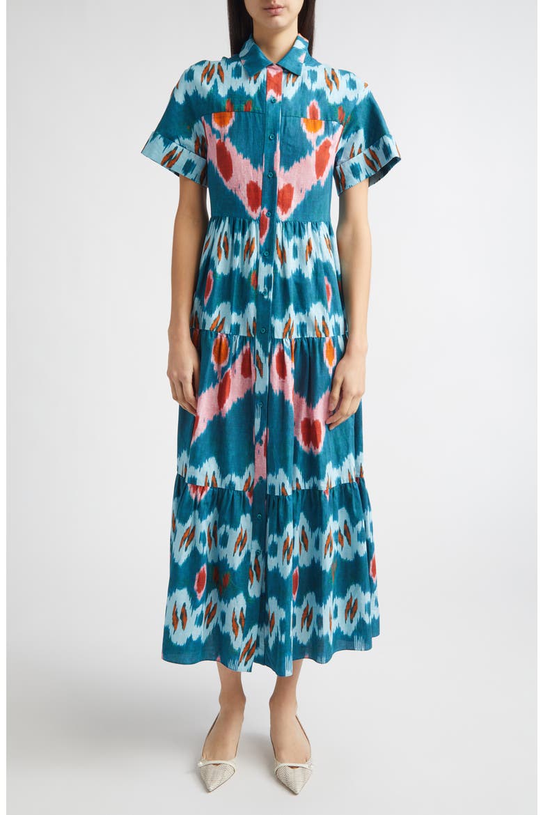 Ikat Print Tiered Cotton Sateen Midi Shirtdress, Main, color, IKAT AZURE BLUE