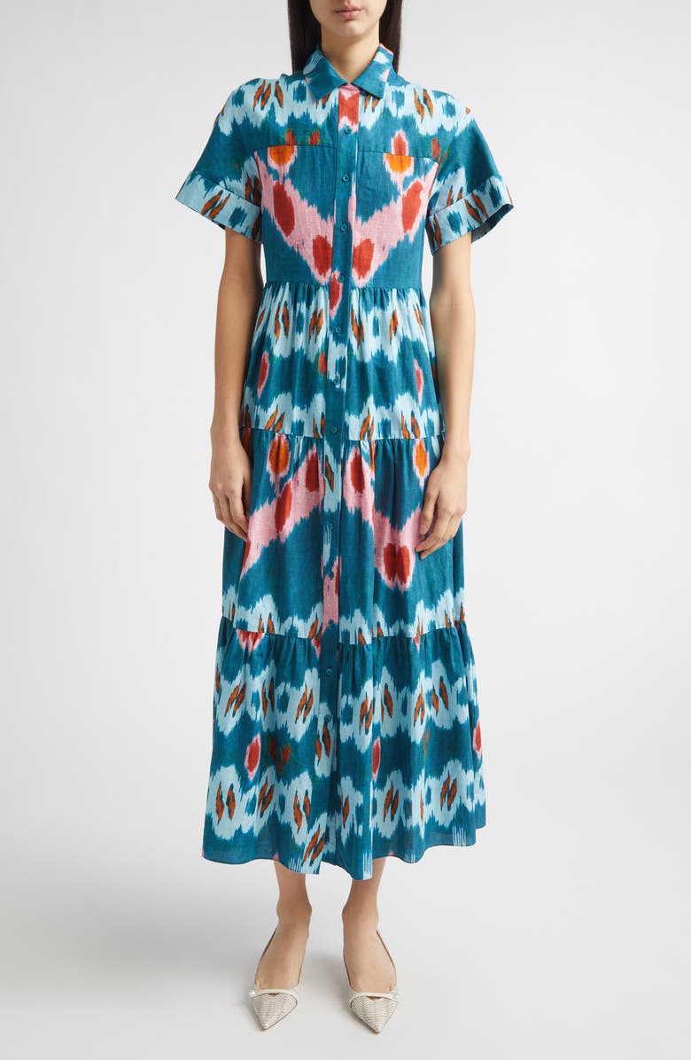 Erdem Ikat Print Tiered Cotton Sateen Midi Shirtdress, Main, color, Ikat Azure Blue