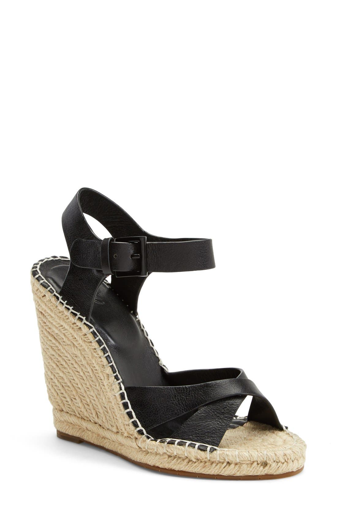 'Lena' Leather Wedge Sandal, Main, color, BLACK
