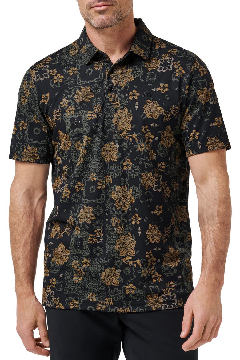 Speaking my Language Floral Short Sleeve Piqué Button-Up Shirt, Main, color, BLACK