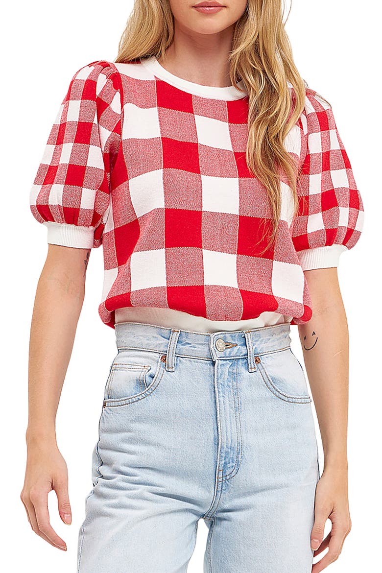 Gingham Puff Sleeve Sweater, Main, color, RED