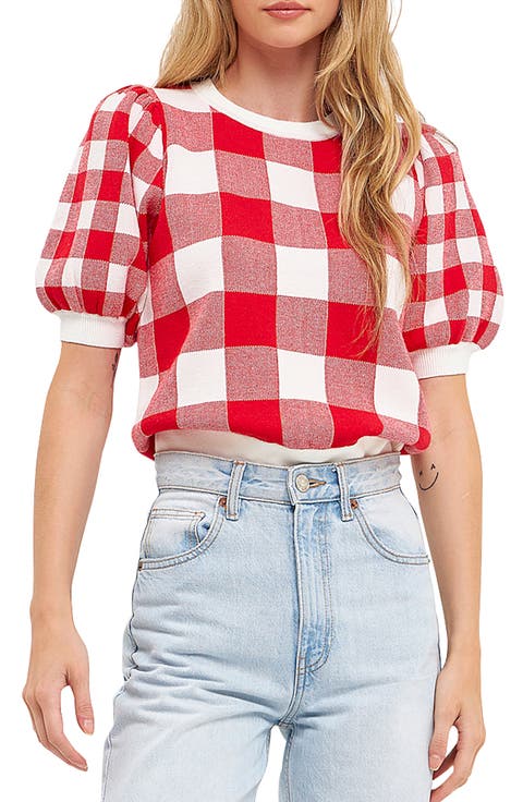 Gingham Puff Sleeve Sweater
