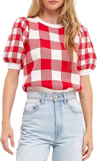 Gingham Puff Sleeve Sweater