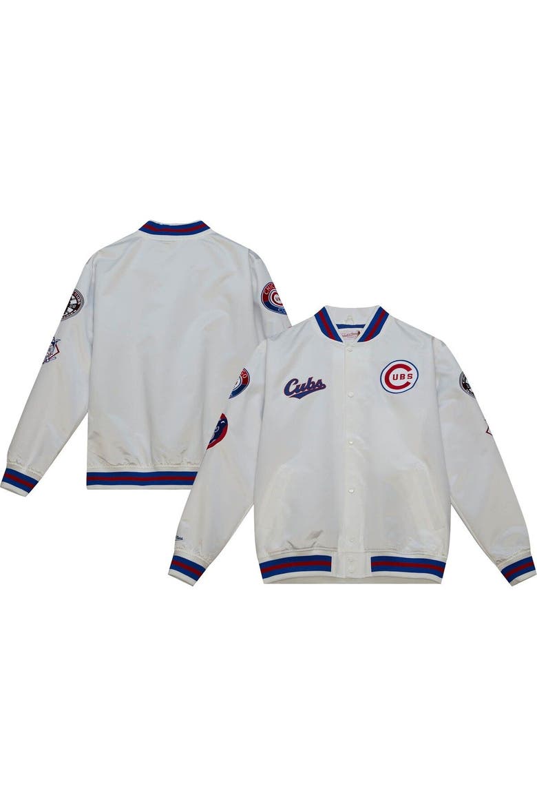 Men's Mitchell & Ness White Chicago Cubs City Collection Satin Full-Snap Varsity Jacket, Main, color, White