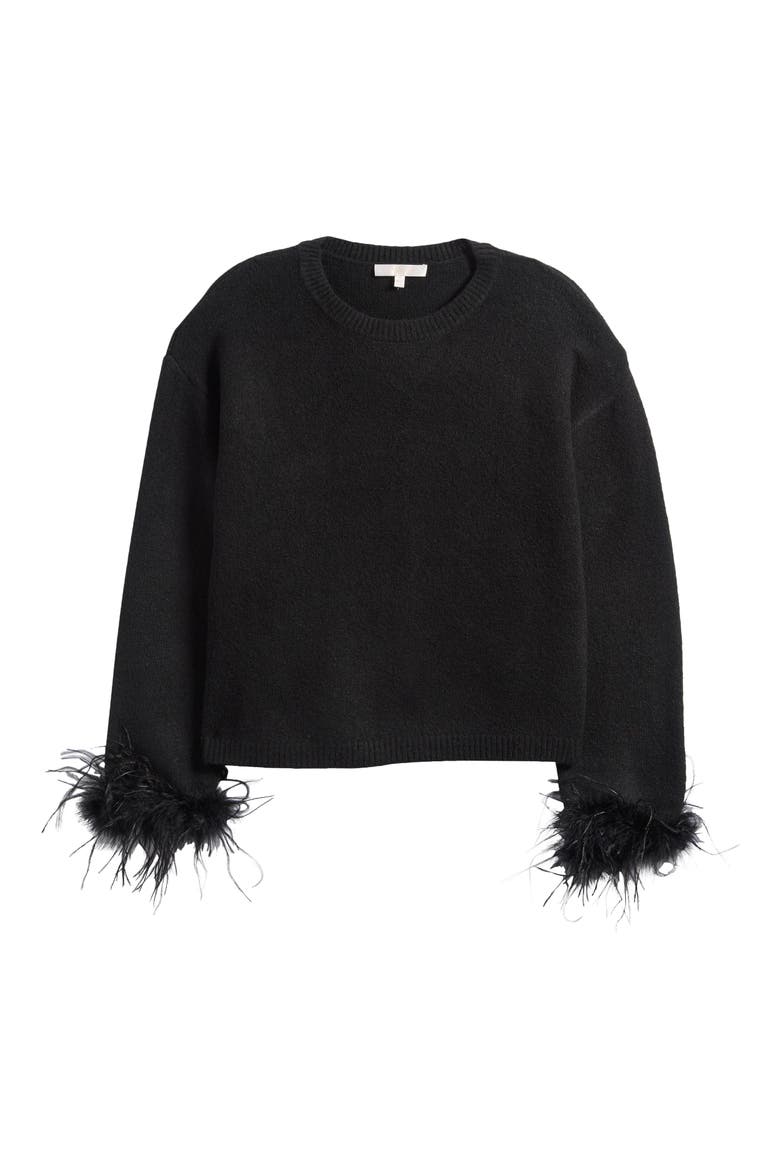 Sadie Feather Trim Sweater, Alternate, color, BLACK