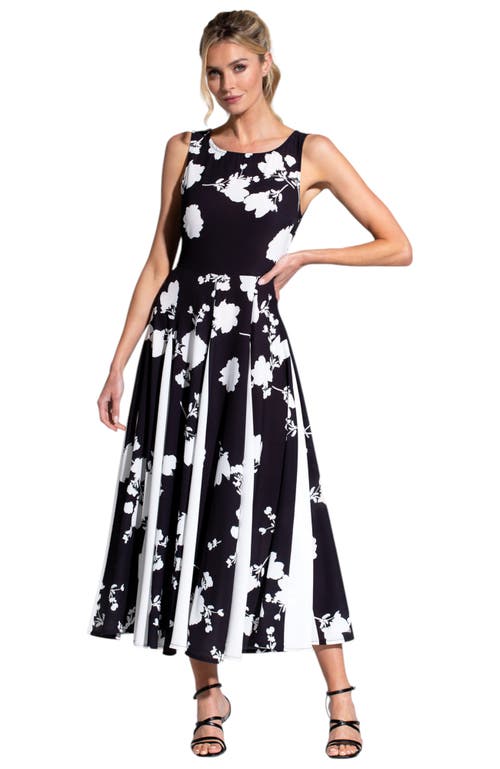 Hotsquash London Clothing Box Pleat Midi Dress With Contrast Skirt In White Flower On Black