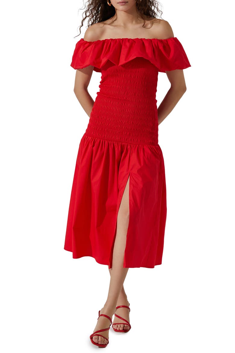 Off the Shoulder Cotton Midi Dress, Main, color, CHERRY RED