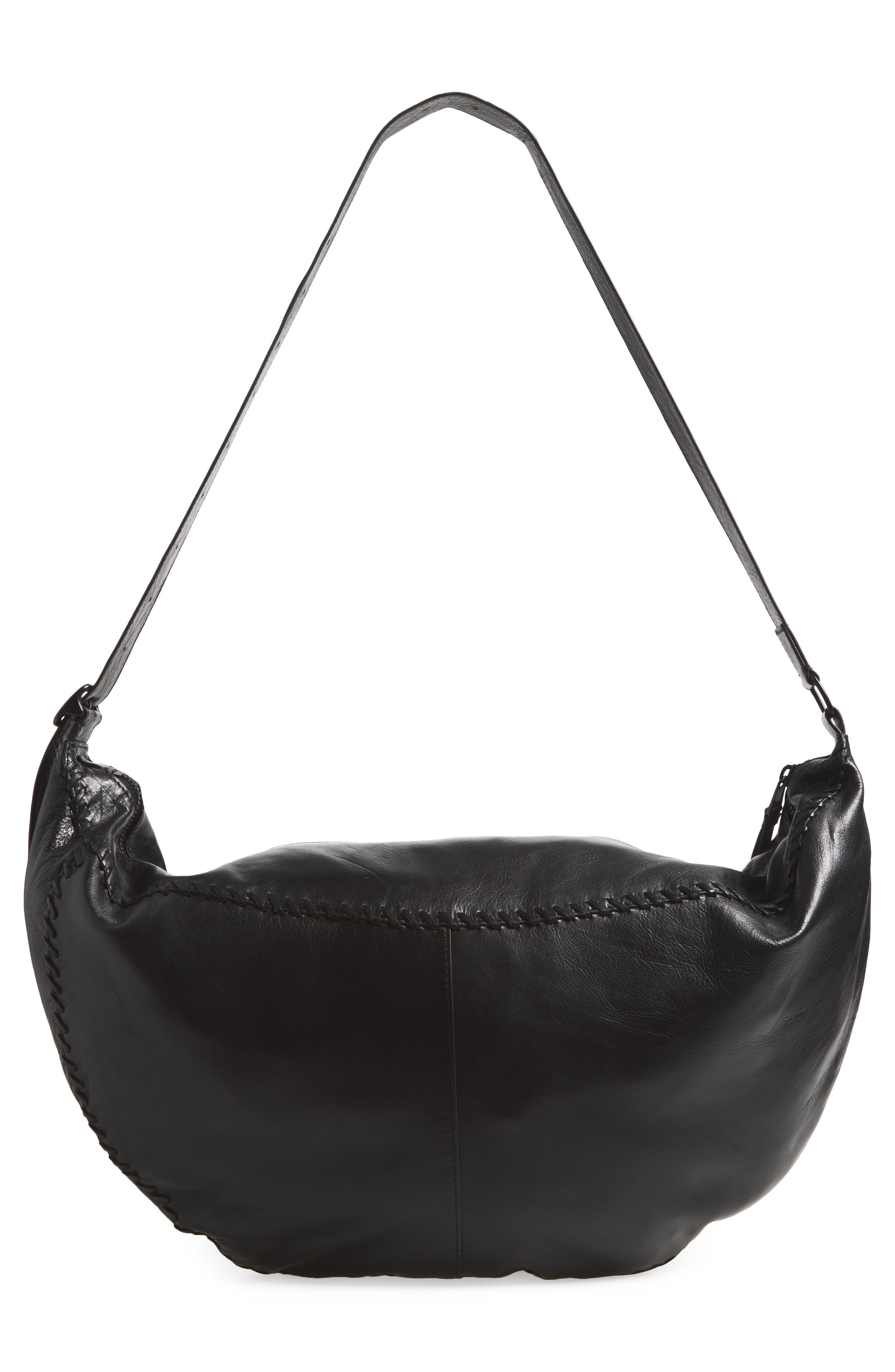 Slouch Whipstitched Leather Shoulder Bag, Alternate, color, BLACK