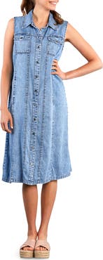 Wash Lab Denim Seamed Sleeveless Denim Midi Shirtdress