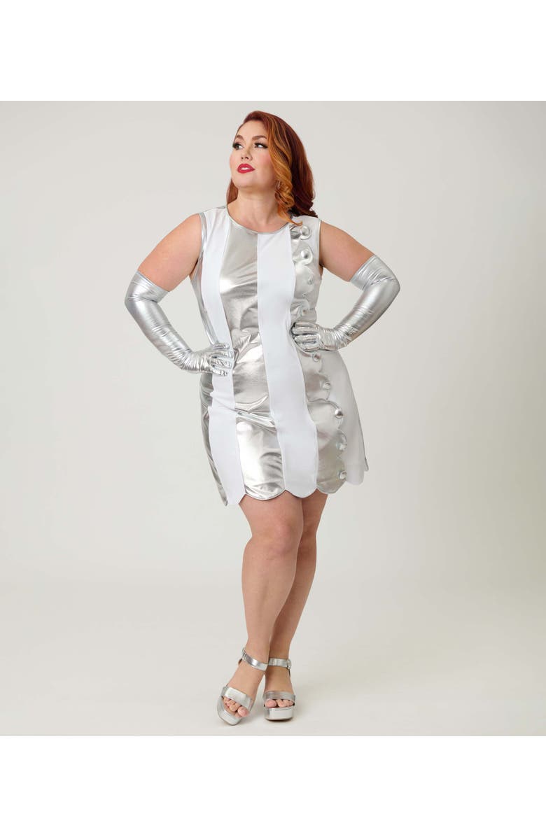 Smak Parlour Plus Size Stripe Scallop Mini Dress, Main, color, White & Silver Metallic
