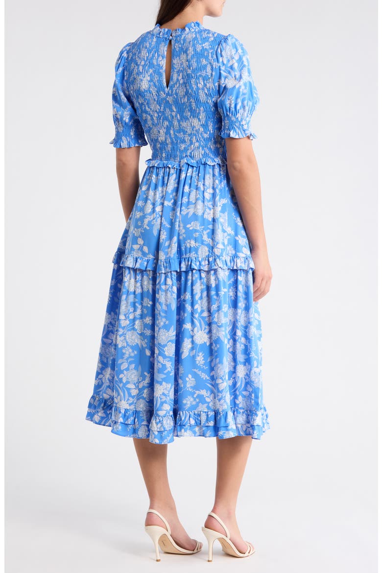 Odella Floral Analisa Smocked Midi Dress, Alternate, color, BLUE-WHITE