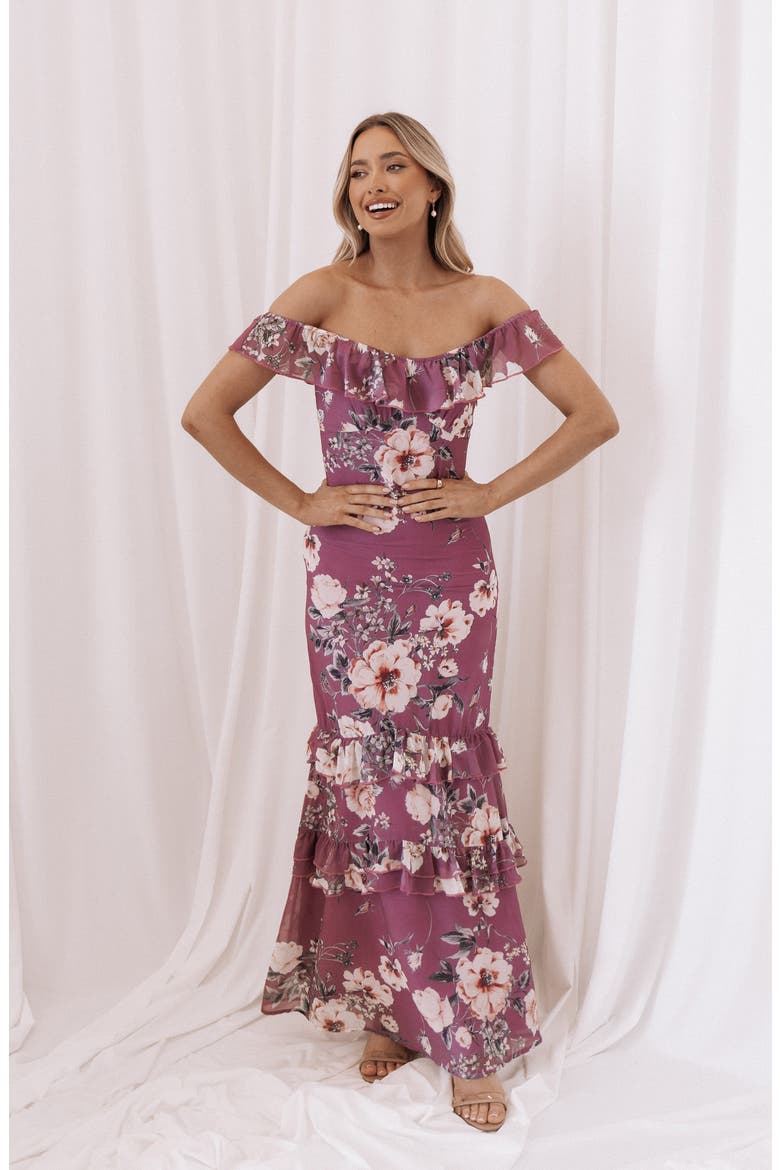 Irelynn Ruffle Convertible Floral Maxi Dress, Alternate, color, DARK ROSE FLORAL
