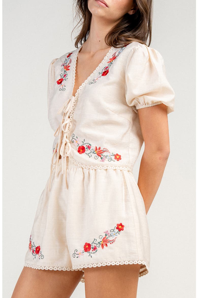 Gauze Embroidered Lace Up Top & Shorts Set, Alternate, color, NATURAL