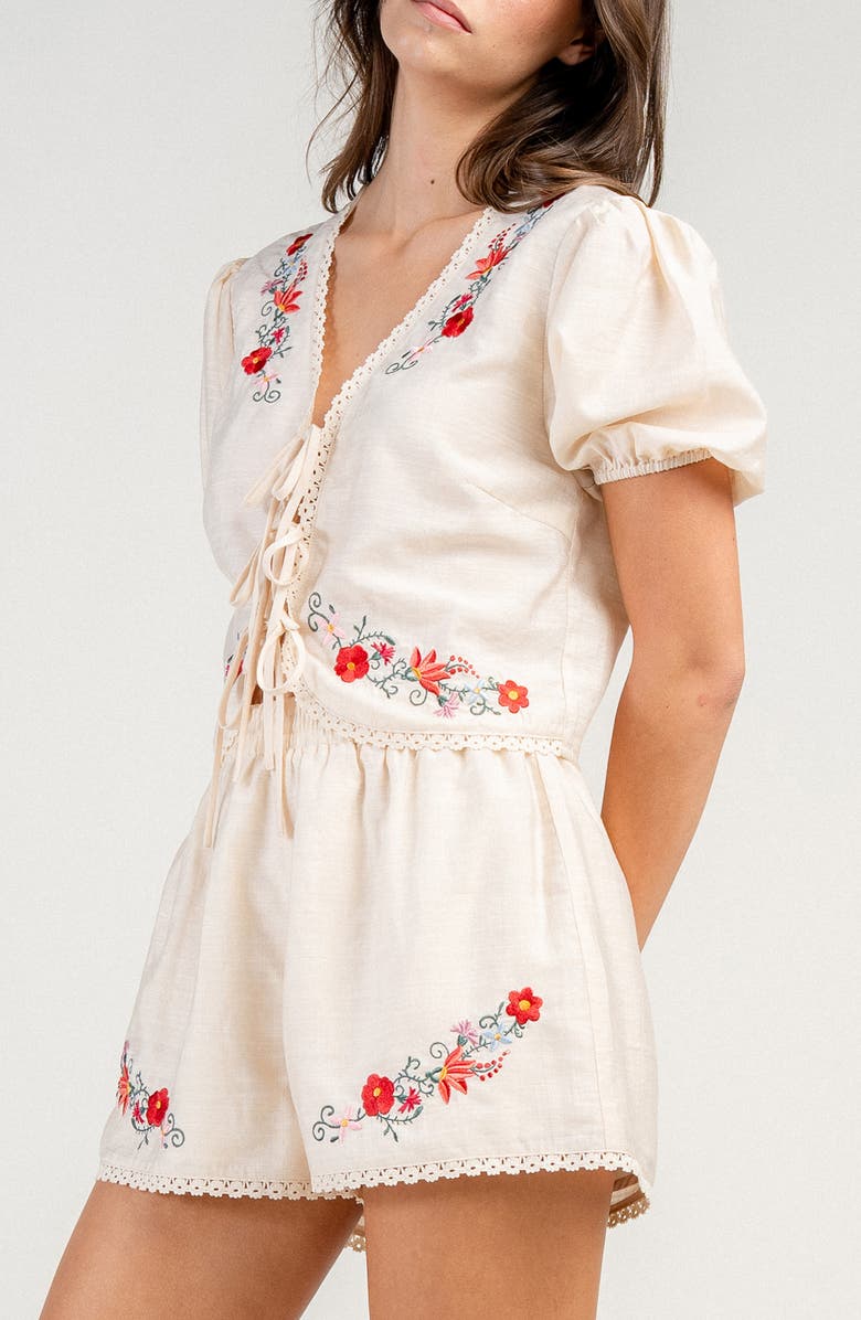 Beivy Gauze Embroidered Lace Up Top & Shorts Set, Alternate, color, Natural