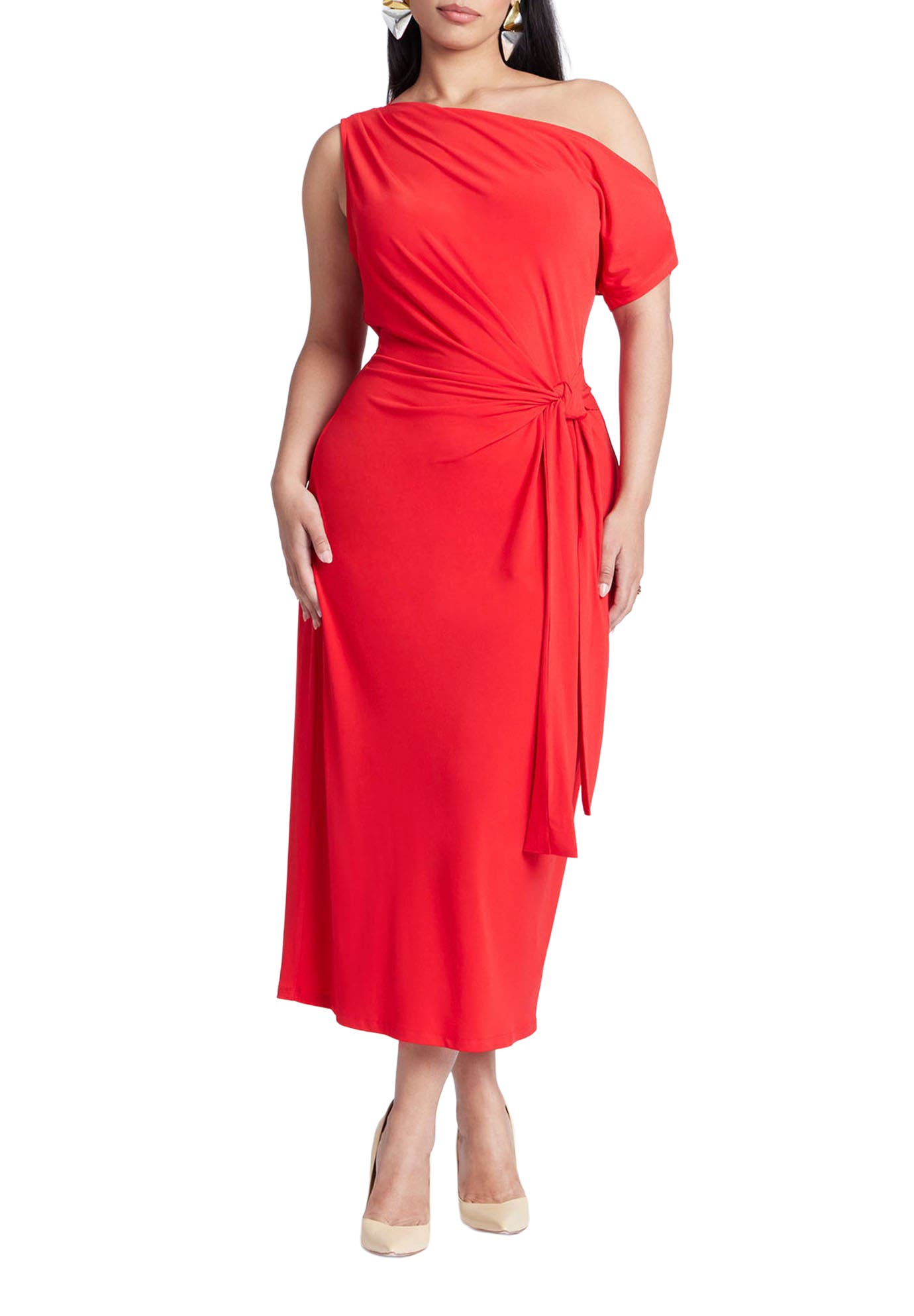 Off The Shoulder Tie Front Midi Dress