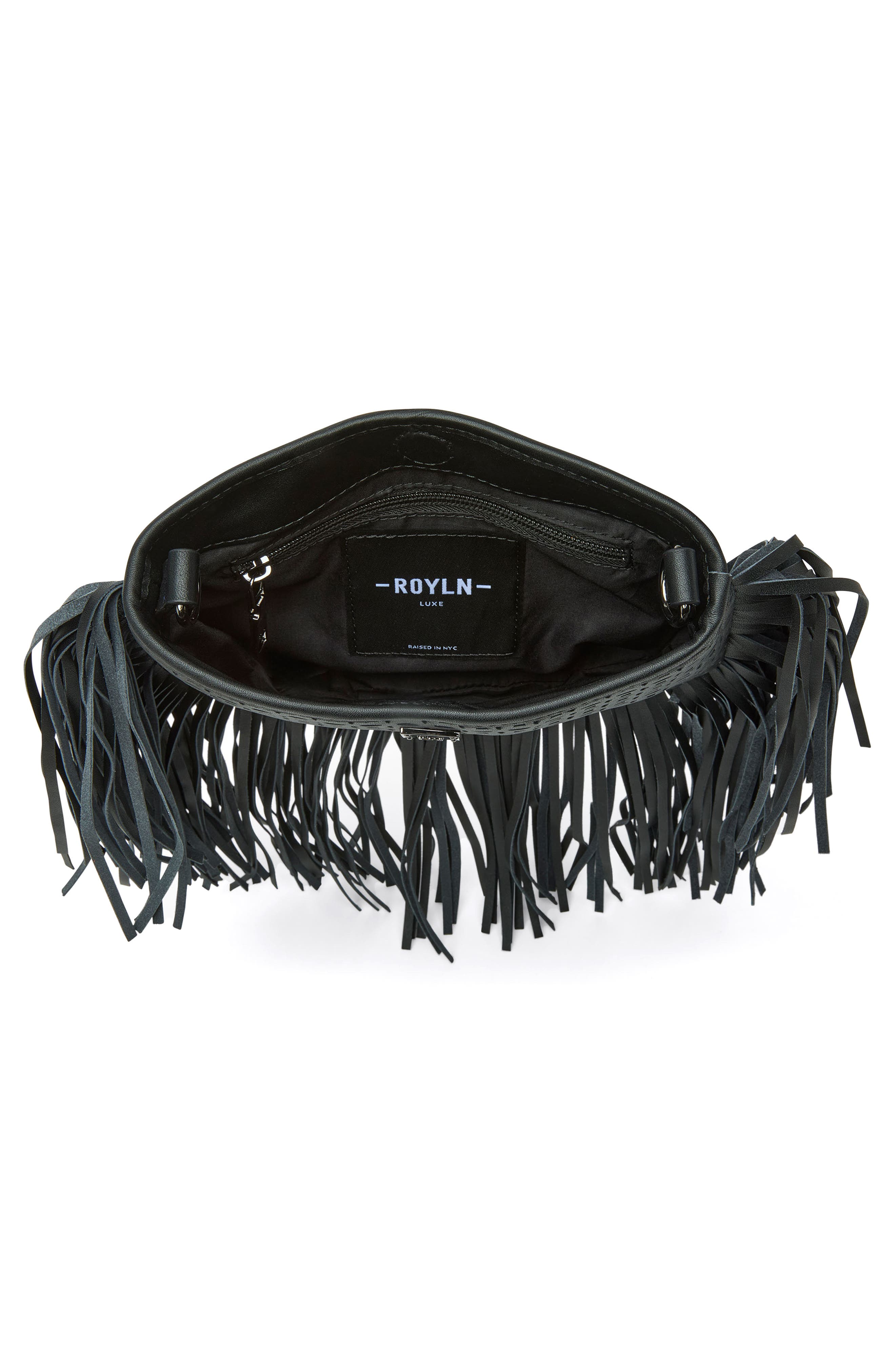THINK ROYLN Free Spirit Fringe Saddle Bag, Alternate, color, Black Perforated Leather