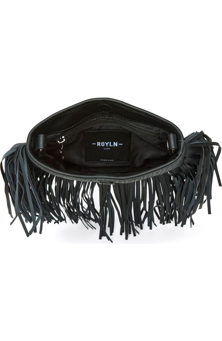 THINK ROYLN Free Spirit Fringe Saddle Bag, Alternate, color, Black Perforated Leather