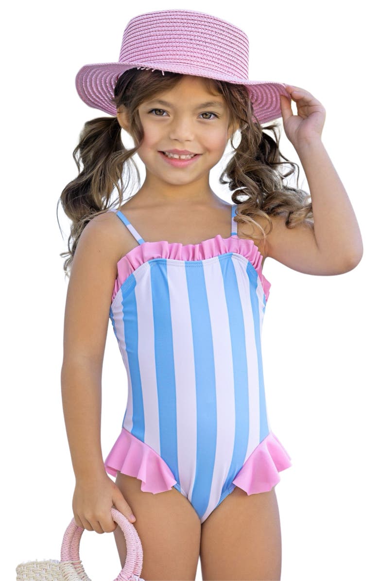 Mia Belle Girls Seaside Stripes Ruffle One-Piece Swimsuit, Main, color, Blue