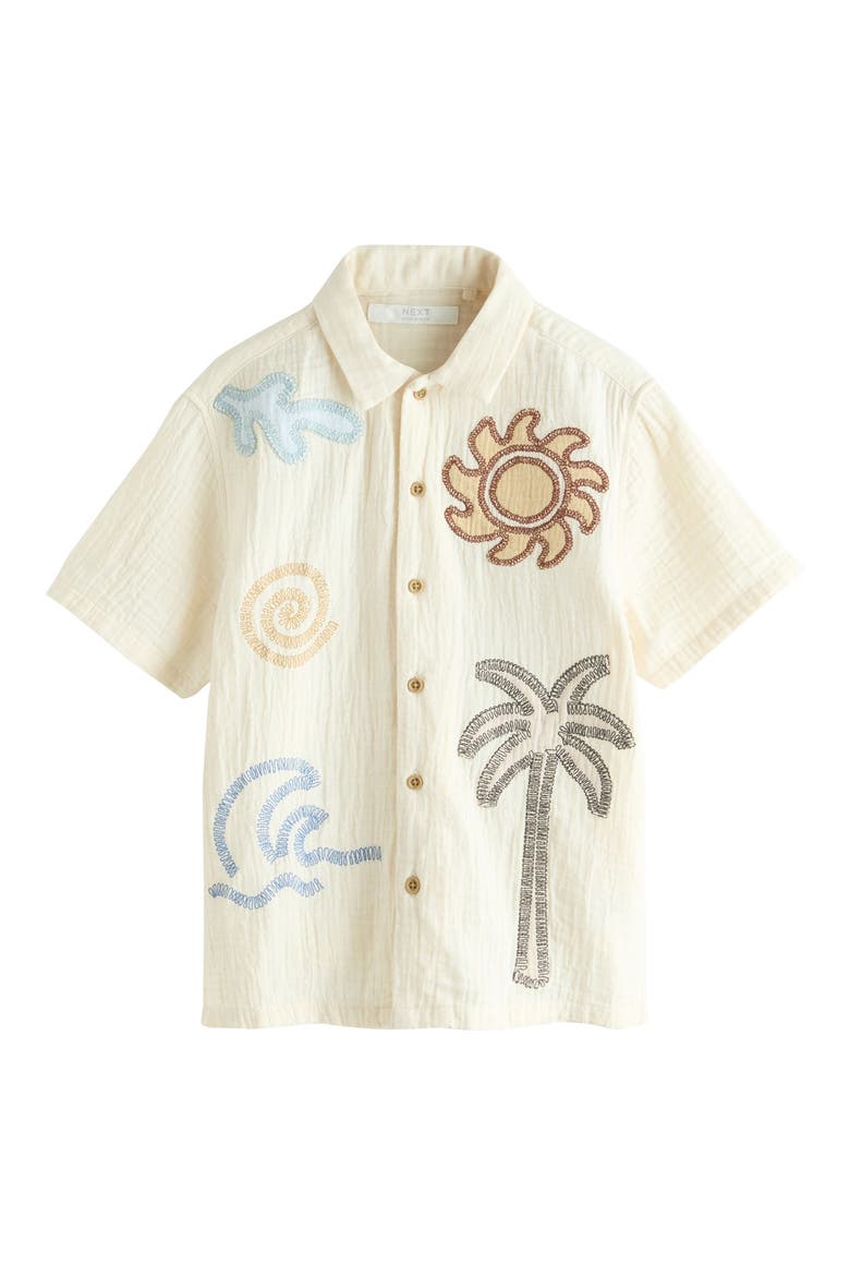 Kids' Beach Embroidered Short Sleeve Cotton Button-Up Shirt, Main, color, NEUTRAL