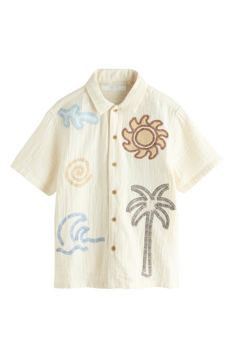 Kids' Beach Embroidered Short Sleeve Cotton Button-Up Shirt