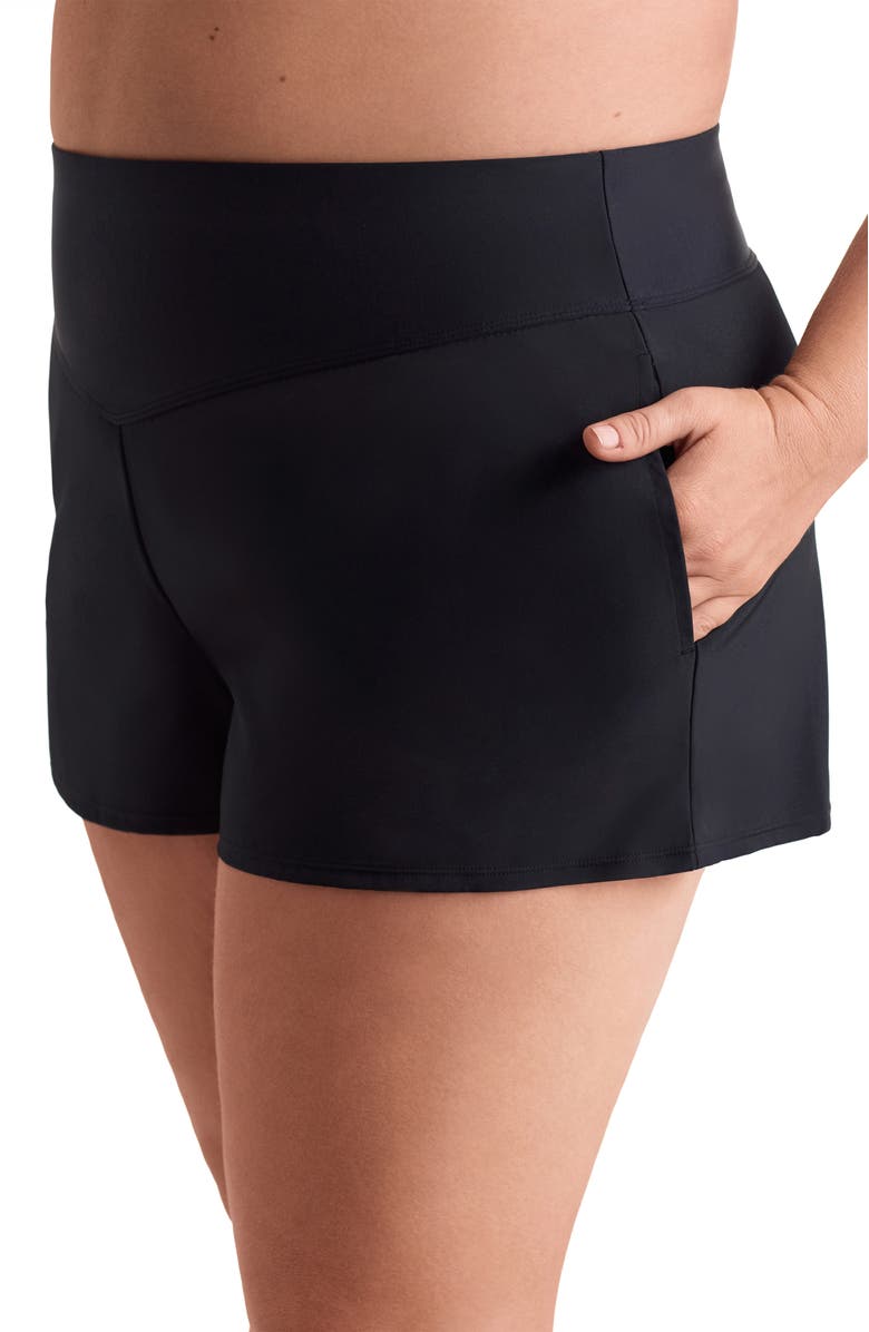 ShapeSolver Sport Vee Band Chlorine Resistant Flare Swim Short, Alternate, color, Black