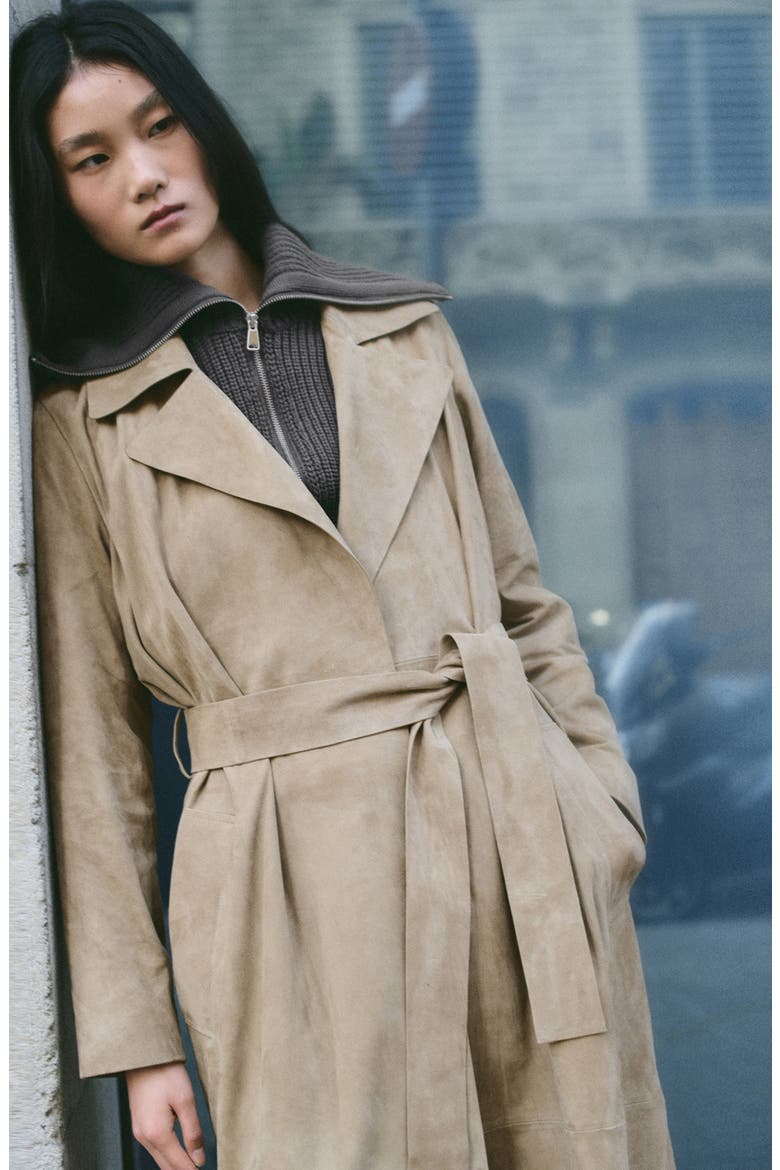 Long Belted Suede Trench Coat, Alternate, color, MEDIUM BROWN