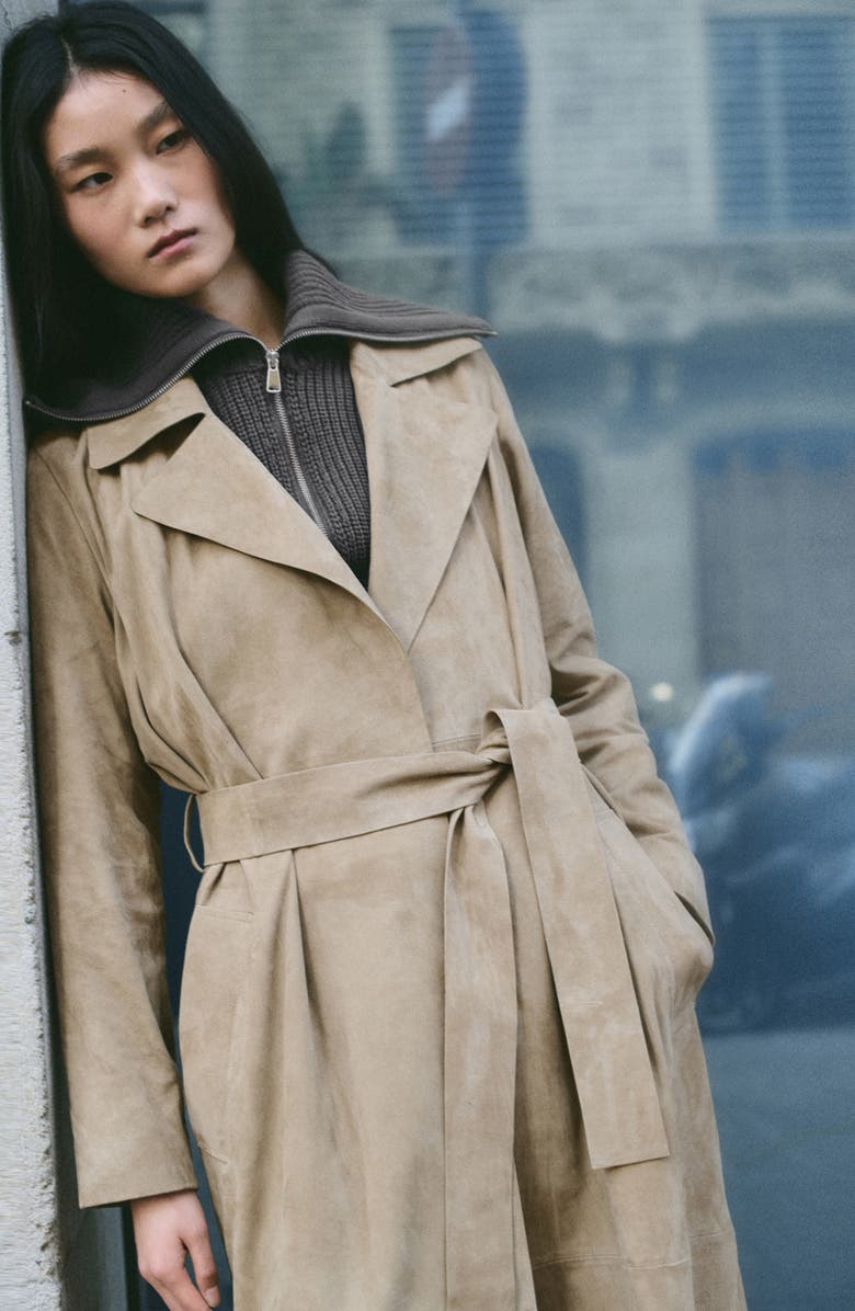 MANGO Long Belted Suede Trench Coat, Alternate, color, Medium Brown