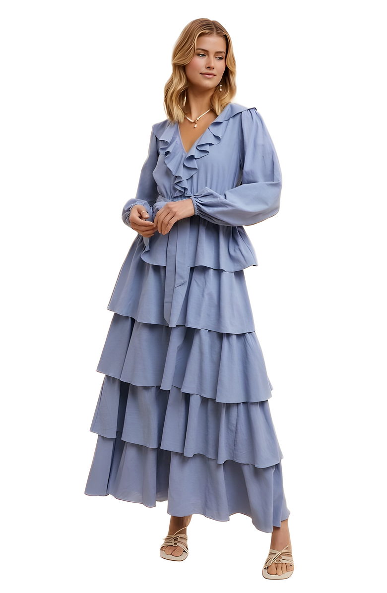 Knit and Lounge Tiered Ruffle Wrap Maxi Dress with Long Sleeves and Tie Waist, Alternate, color, Light Blue