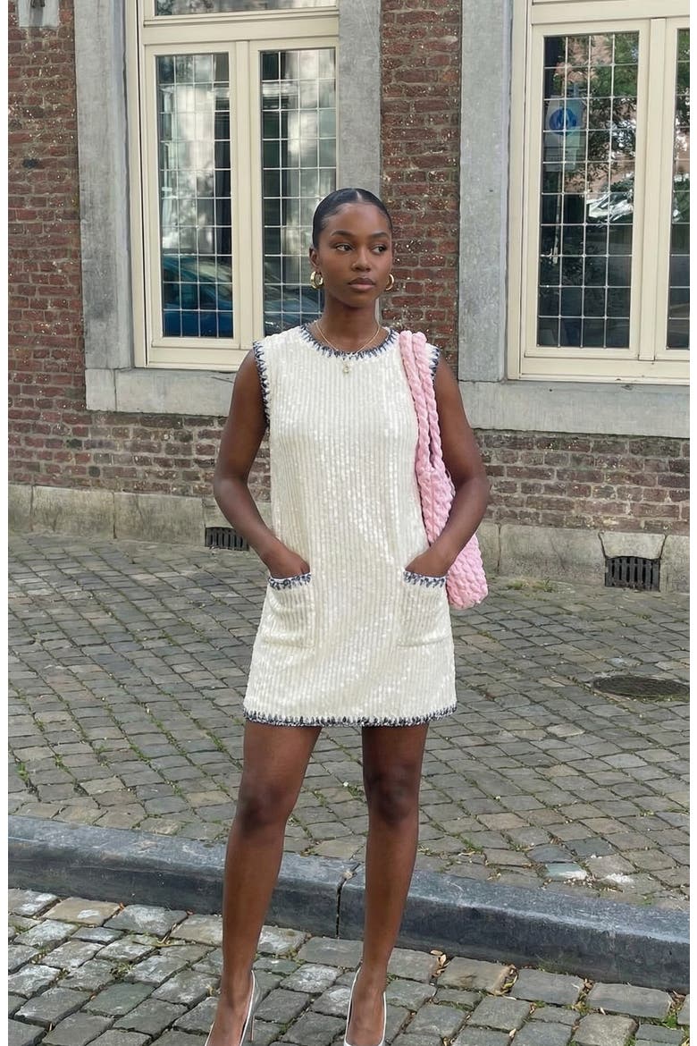 Sleeveless Sequin Knit Mini Dress, Alternate, color, Ivory / Dark Trim