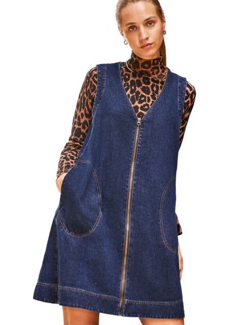 Sleeveless Denim Zip Front Mini Dress