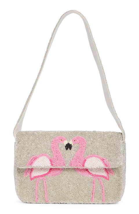 Flamingo Beaded Baguette Shoulder Bag