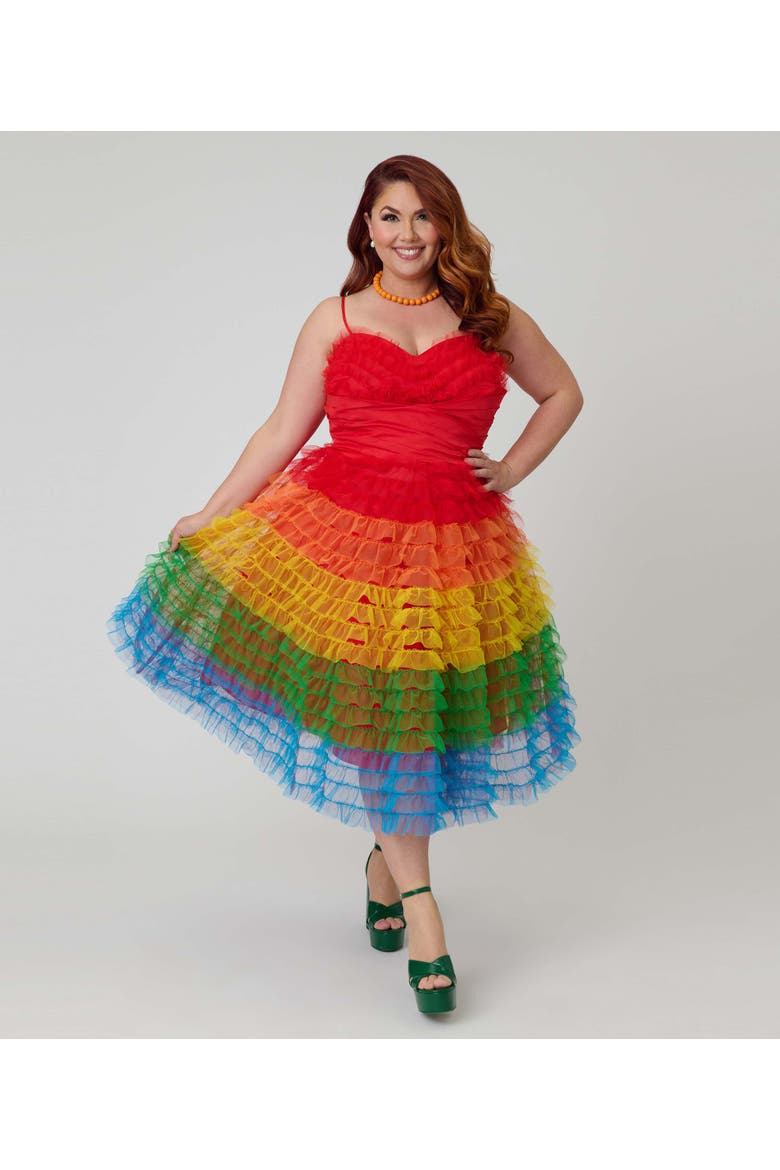 Plus Size Tulle Sweetheart Cupcake Swing Dress, Alternate, color, Red Rainbow Stripe
