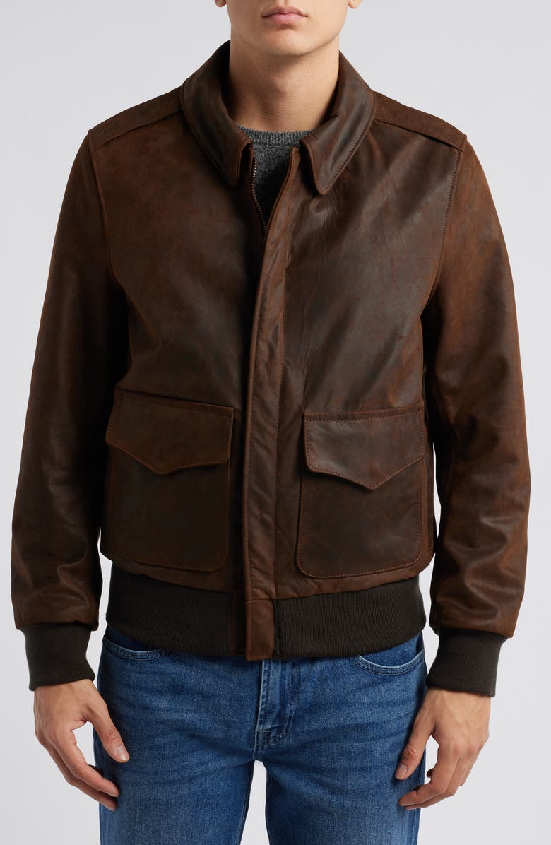 Schott NYC Lightweight Leather Flight Jacket, Alternate, color, Brown