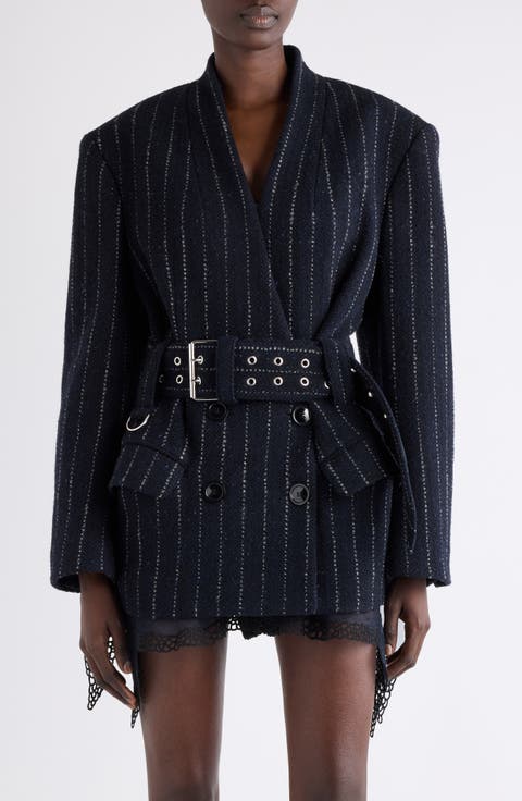 Fyma Pinstripe Wool Belted Blazer