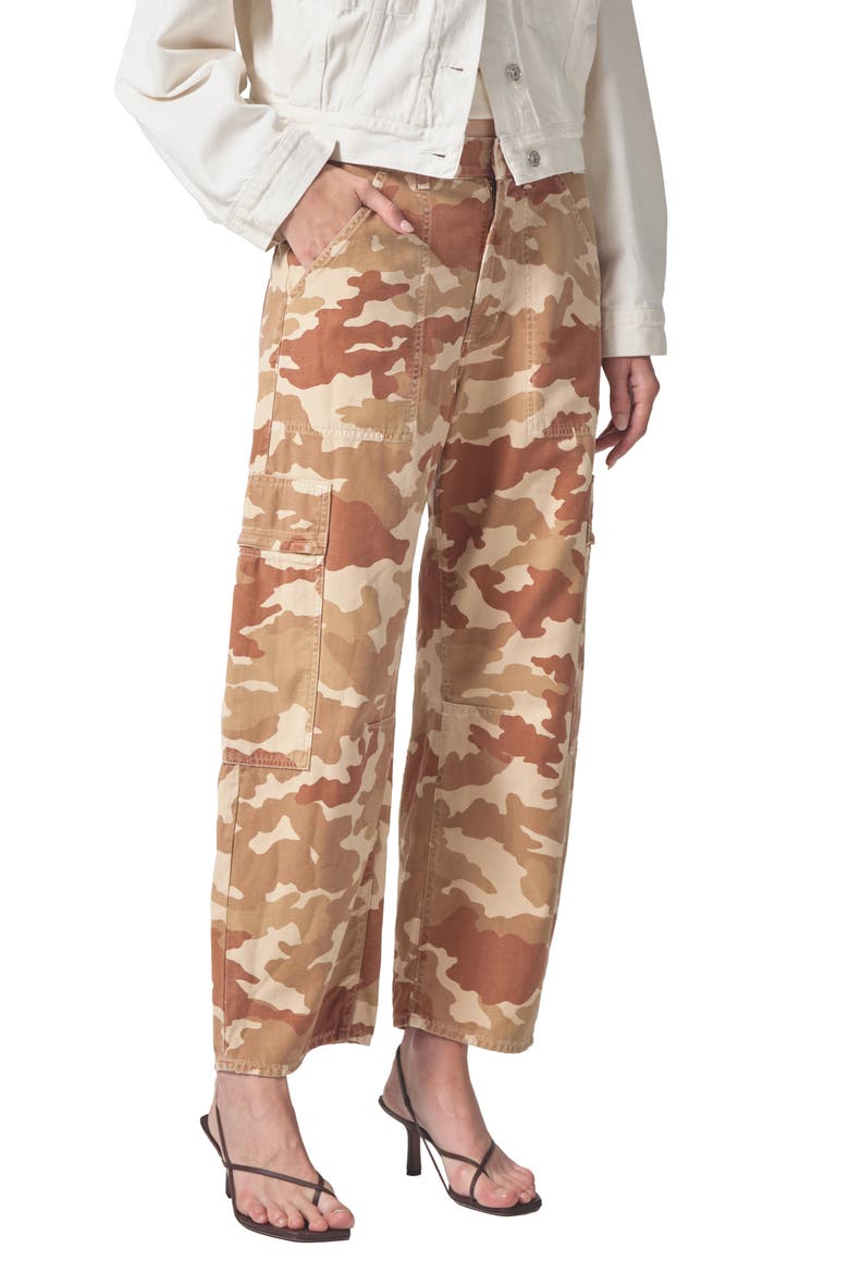 Marcelle Camo Print Low Rise Barrel Cargo Jeans, Main, color, SAND CAMO