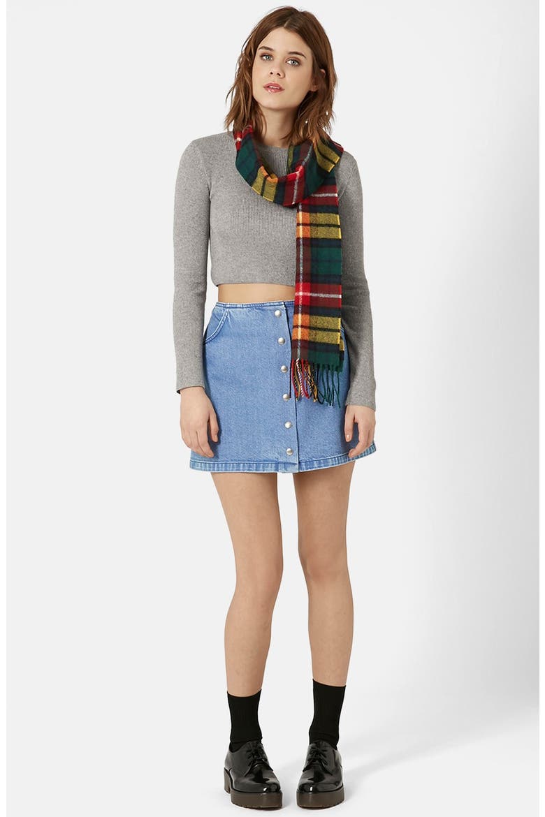 Moto Snap Front Denim Skirt, Alternate, color, BLUE