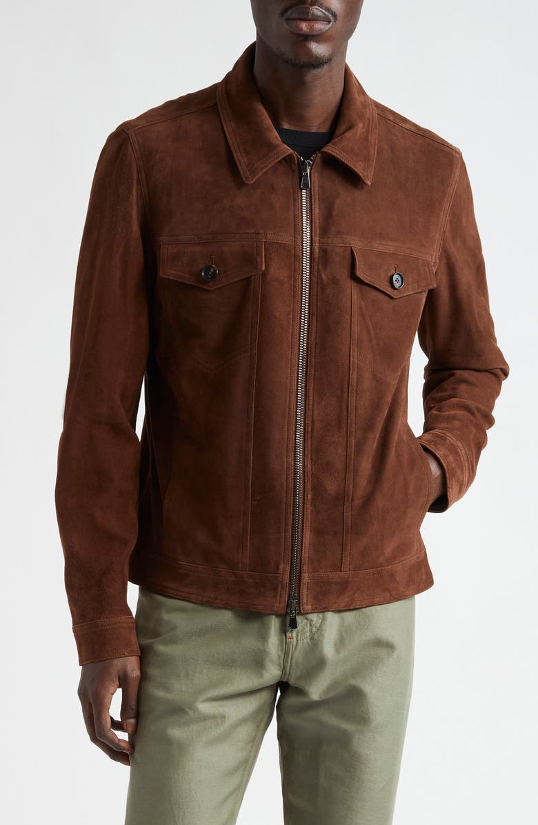 ISAIA Suede Trucker Jacket, Main, color, Open Brown