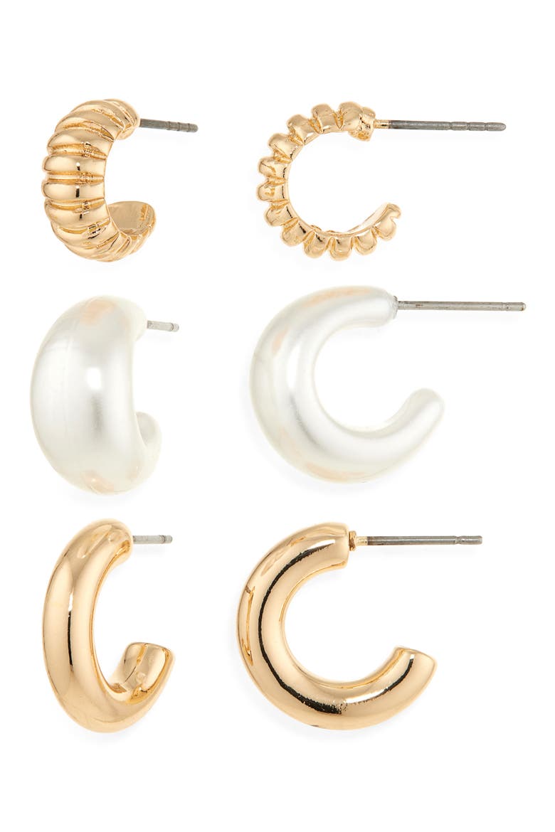 Set of 3 Chubby Hoop Earrings, Main, color, IVORY- GOLD