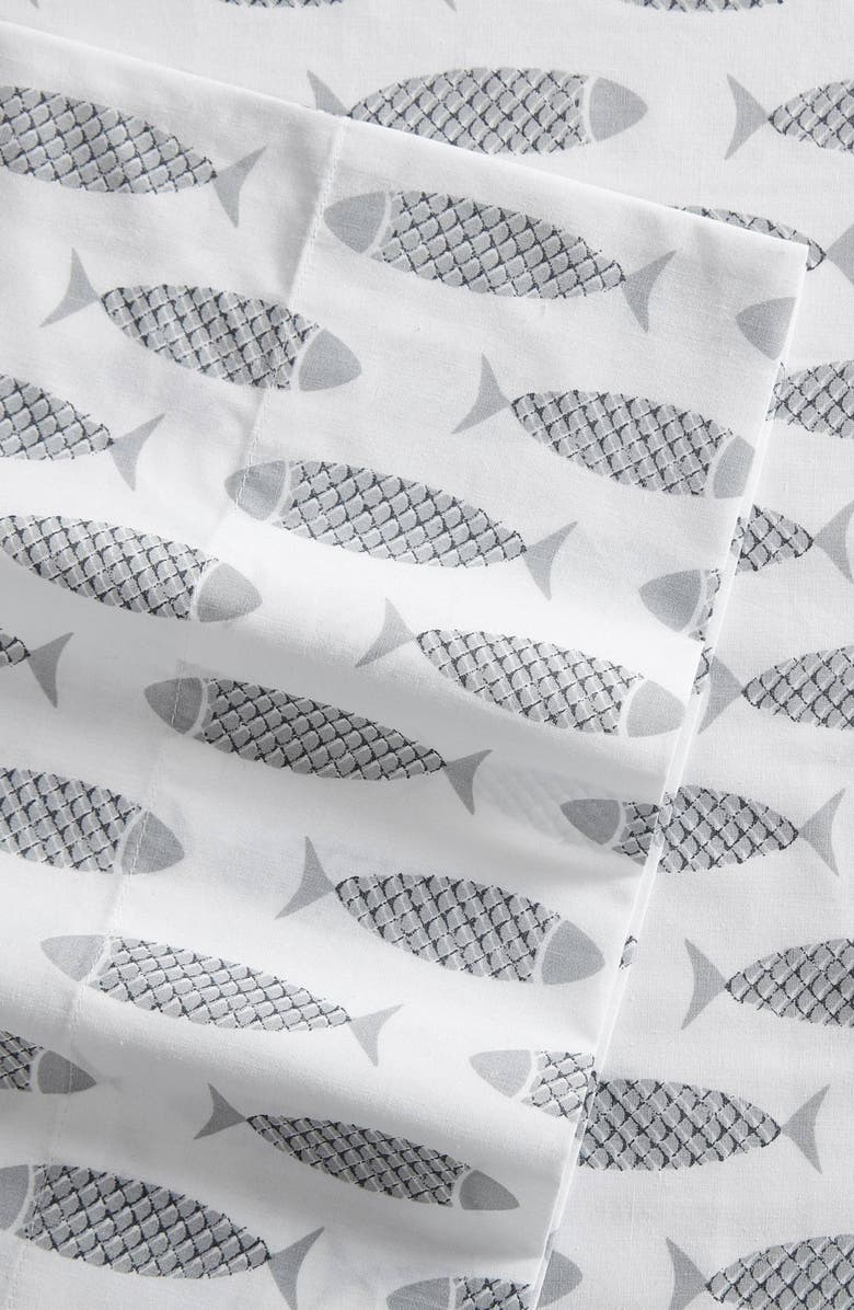 Nautica Woodblock Fish Twin Sheet Set, Alternate, color, Grey